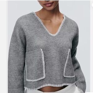 Zara Cropped Knit V-Neck Sweater Grey